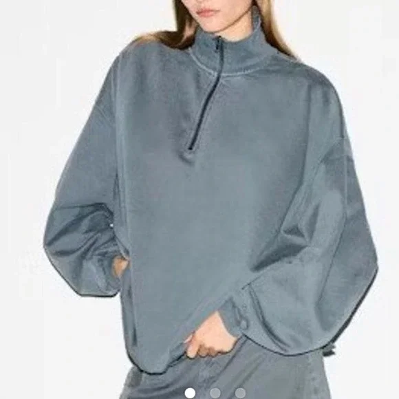 NEW SKIMS Boyfriend Small Fleece Slouchy Half Zip Pullover Sweatshirt Zircon - Picture 2 of 8